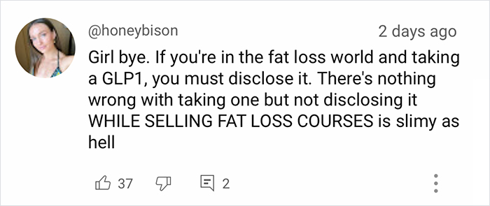 Social media comment criticizing a fitness influencer on weight loss and disclosure in fat loss courses. Social media comment criticizing a fitness influencer on weight loss and disclosure in fat loss courses.