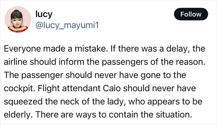 Text tweet discussing a flight delay incident where a passenger tried to storm the cockpit and was tackled by crew.
