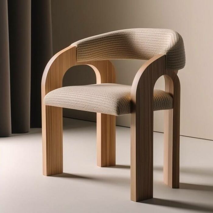 Modern wooden chair with curved armrests and textured beige upholstery showcasing unique woodworking ideas.