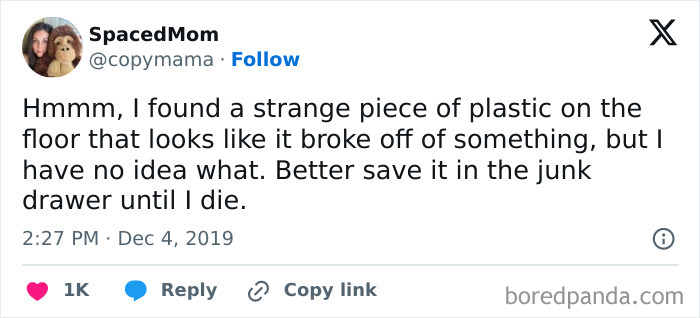 Tweet about a random thought on finding mysterious plastic, with amusing commentary.