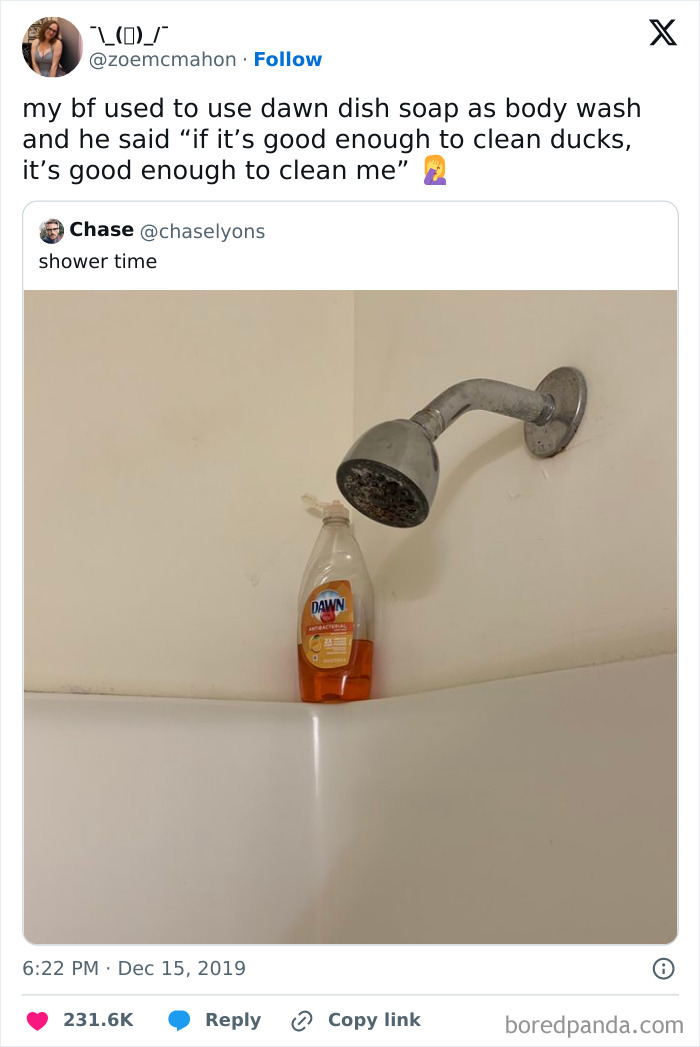 Dish soap under shower head meme about men using it as body wash, captioned with a relatable funny tweet.