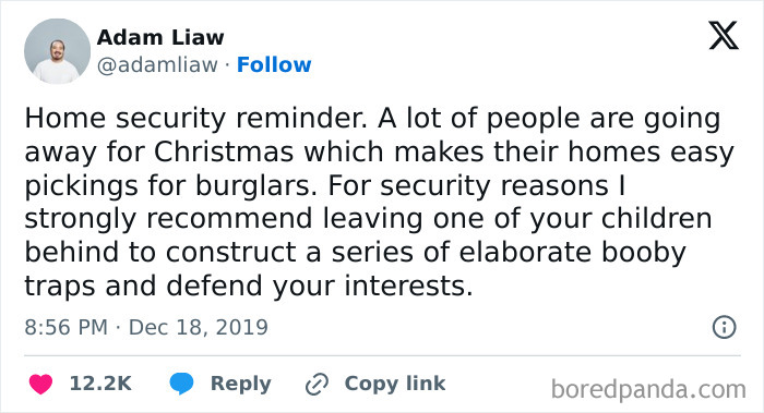 Millennials' humor showcased in a tweet about holiday home security with a playful suggestion of using booby traps.