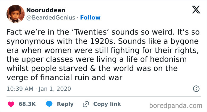 Tweet critiquing capitalism by comparing the 2020s to the 1920s with social and economic reflections.