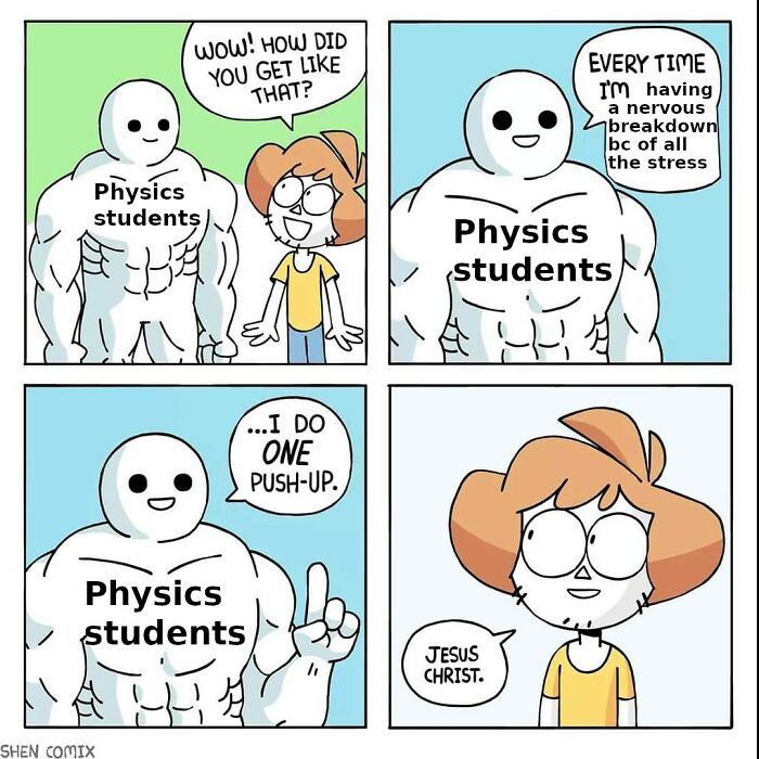 Cartoon of muscular physics students humorously explaining stress management with push-ups.