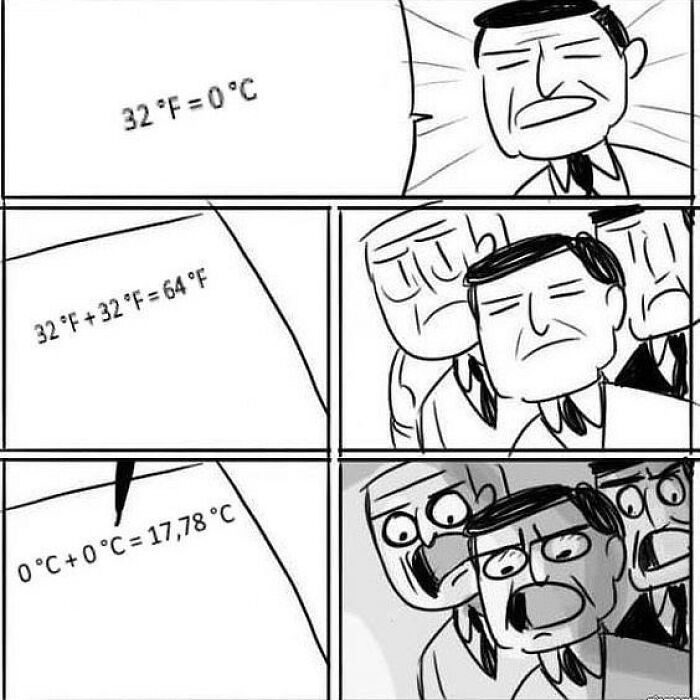 Cartoon about physics conversion humor with puzzled characters reacting to temperature equations.