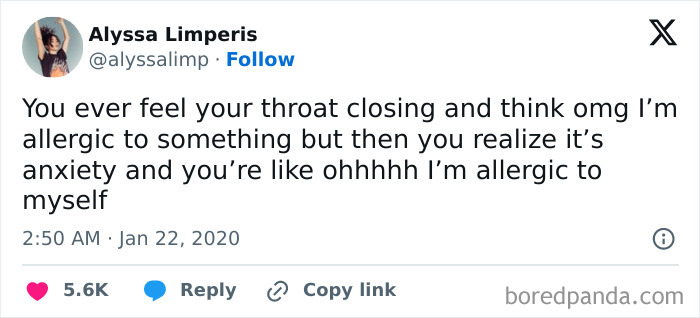 Relatable meme about anxiety, referencing feeling like being allergic to oneself.