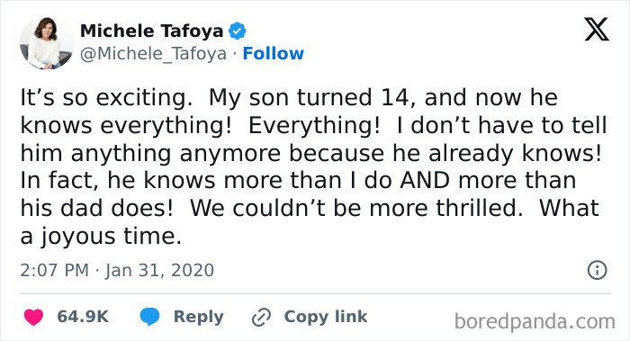 Relatable parenting memes highlight a humorous Twitter post about a son's newfound teenage wisdom.