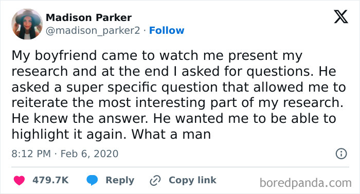 Twitter post by Madison Parker about her boyfriend’s supportive question after her research presentation. Included in love memes.