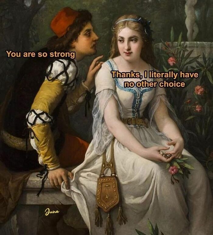 Classical art painting with modern humor meme featuring a conversation between a man and woman outdoors.