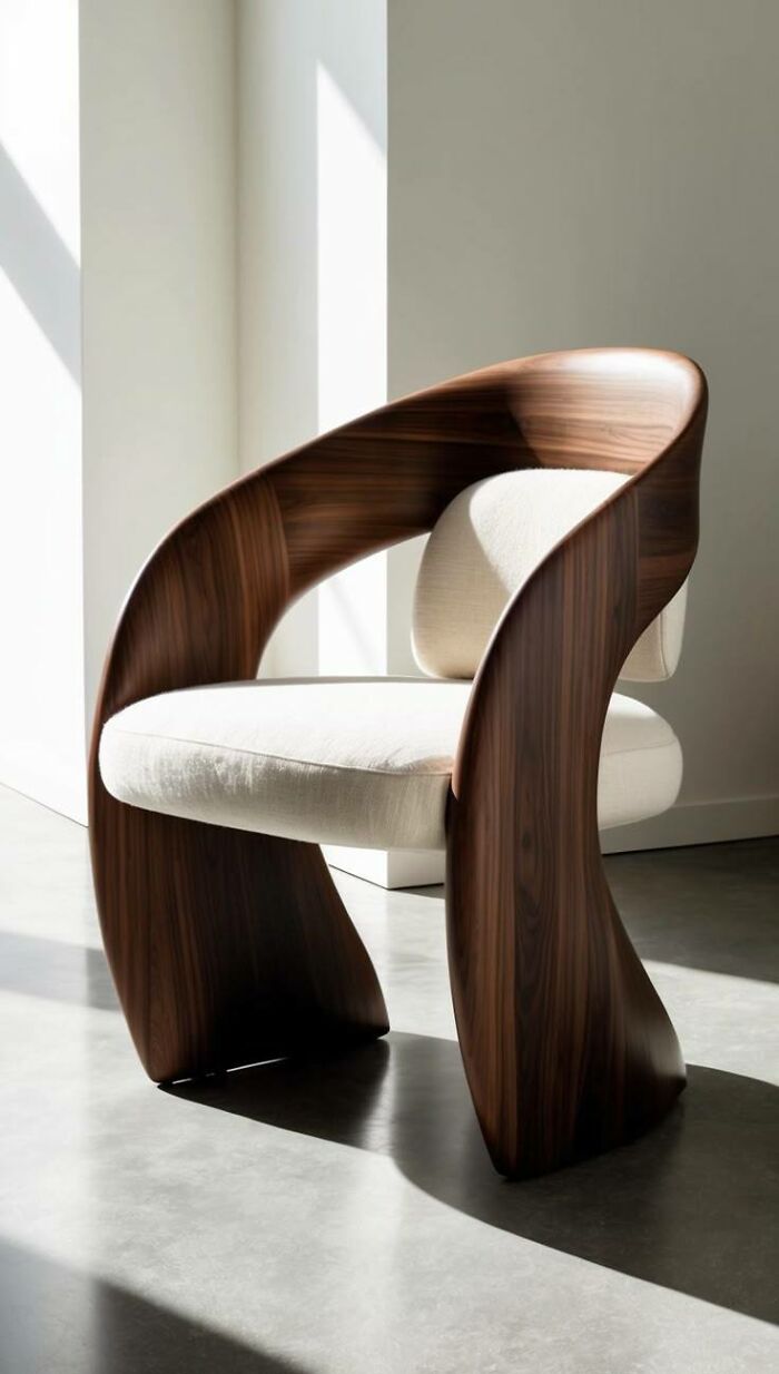 Silla moderna de madera con diseño curvo y cojines blancos mostrando habilidades en proyectos de madera.