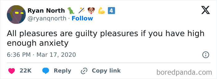 Tweet text about guilty pleasures linked to high anxiety, illustrating funny memes relatable to anxiety struggles.
