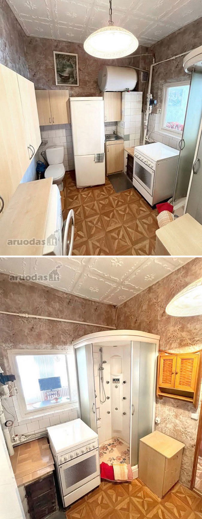 Compact kitchen and bathroom with shower cabin and stove combined in one small real estate property space.