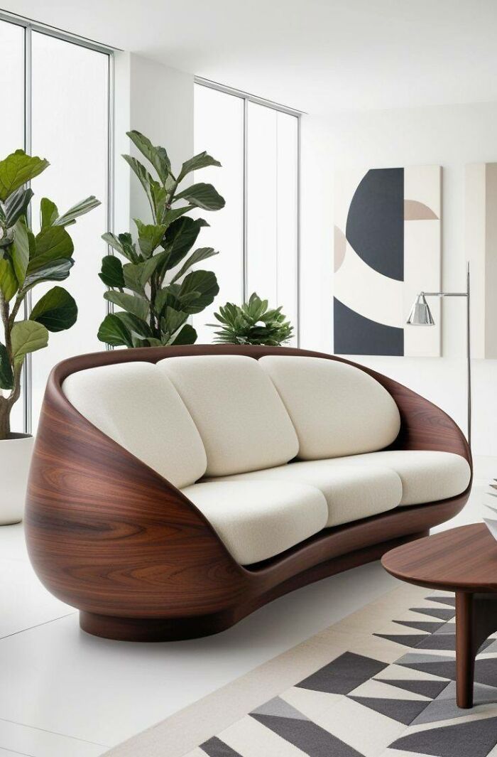 Sofá moderno con estructura de madera curva y tapizado blanco en sala minimalista con plantas y decoración geométrica.