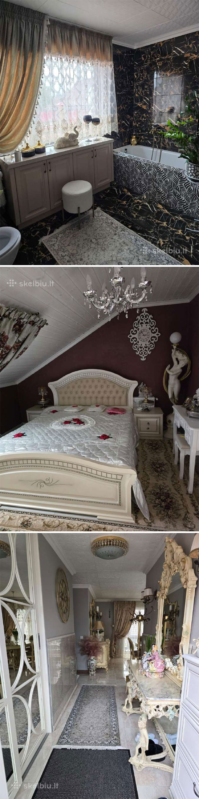 Luxurious real estate property interiors featuring bold patterns, vintage decor, and elegant bathroom and bedroom designs.