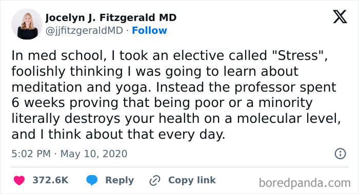 Tweet discussing med school stress class revealing capitalism impacts health on a molecular level.