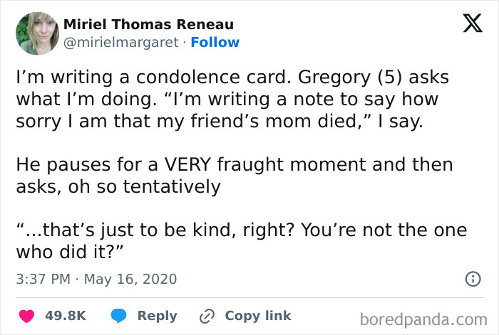 Parenting memes on Instagram: A child humorously confuses a condolence card with something more suspicious.