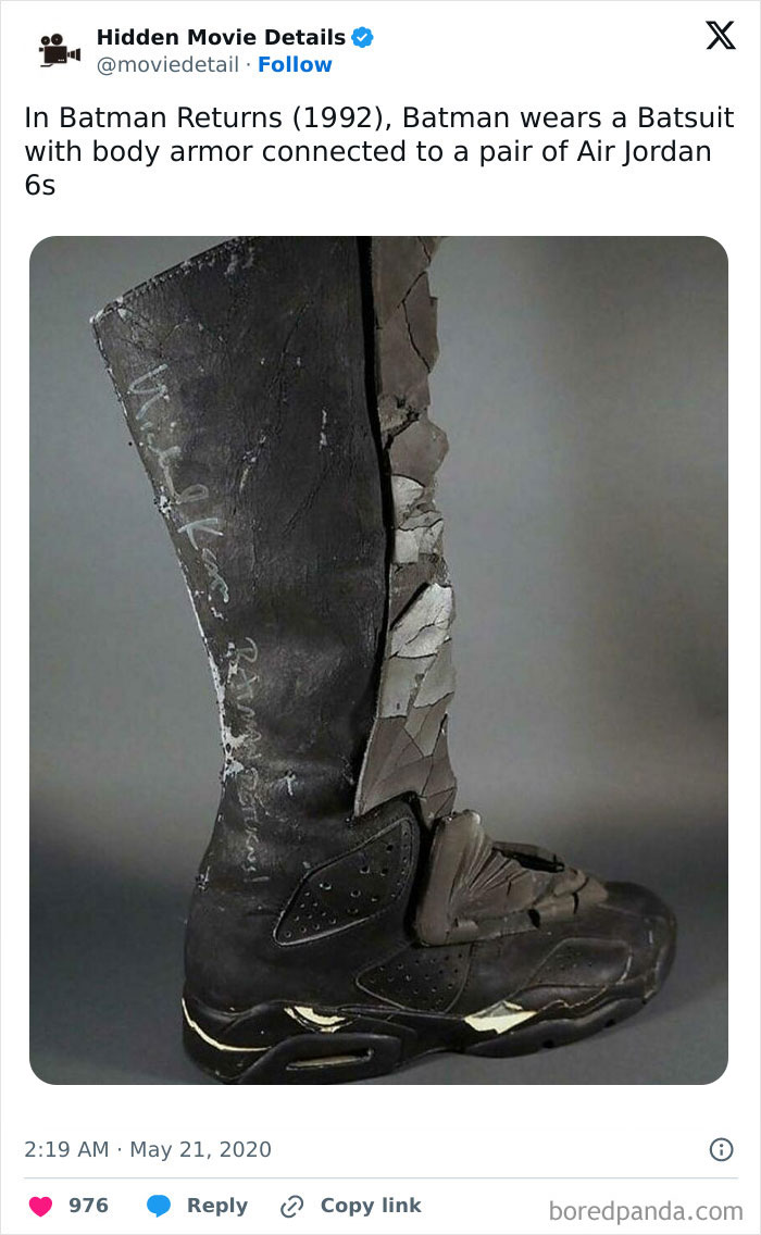 Creative filmmaking prop: Batman's Batsuit boot using an Air Jordan sneaker as the base.