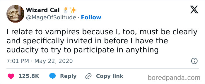 Tweet humorously comparing social anxiety to needing a clear invitation before participating, showcasing silly anxiety memes.