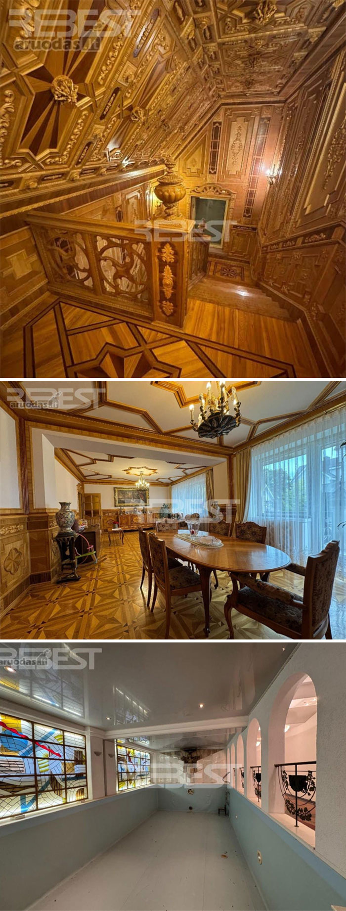 Ornate wooden staircase, vintage dining room, and empty indoor pool in unique real estate property for sale.