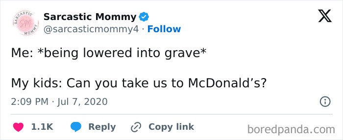 Funny post about parenting shows kids asking for McDonald's during serious moment.
