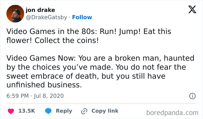 Funny meme comparing video games in the 80s with today's more complex narratives.