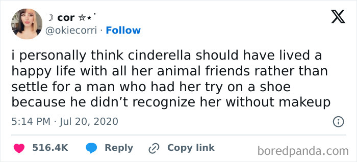 Tweet humorously questioning Cinderella's choice of romance over animal friends.