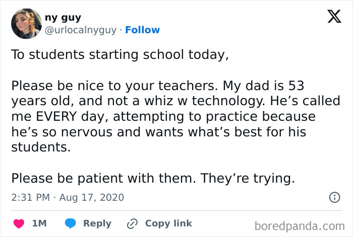 Tweet urging students to be kind and patient with teachers, sharing a wholesome message about understanding and support.