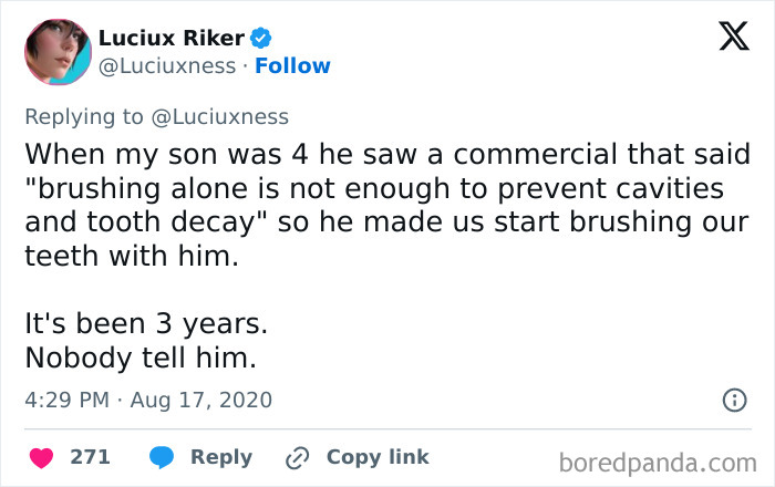 Relatable parenting meme about a child misunderstanding a commercial's advice on brushing teeth, humorously shared on Instagram.