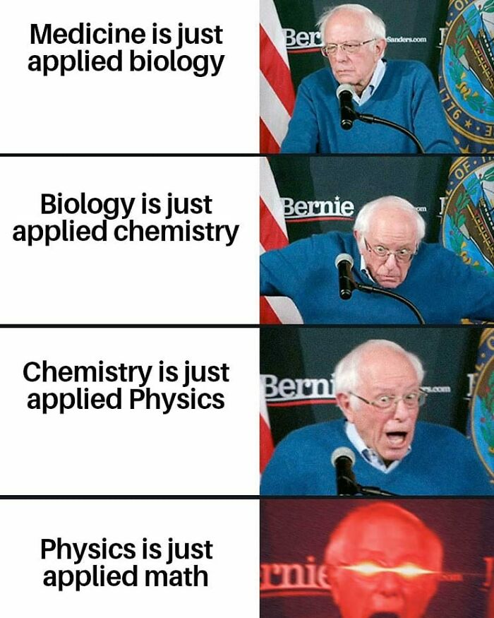 A humorous diagram showing the hierarchy of sciences, linking medicine, biology, chemistry, and physics, ending with glowing eyes.