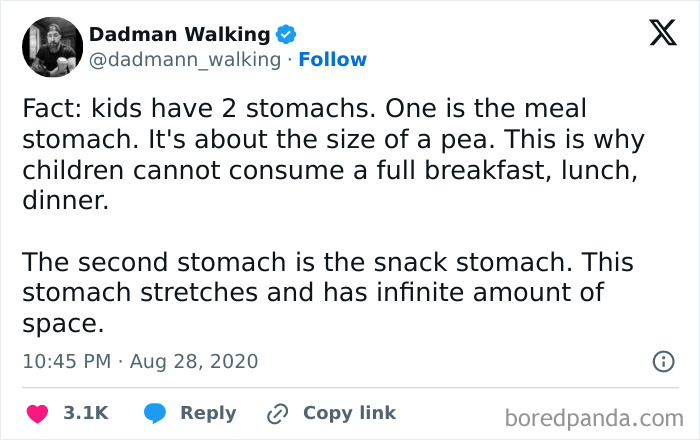 Parenting meme about kids having two stomachs, one for meals and one for snacks, from the "How To Be A Dad" account.