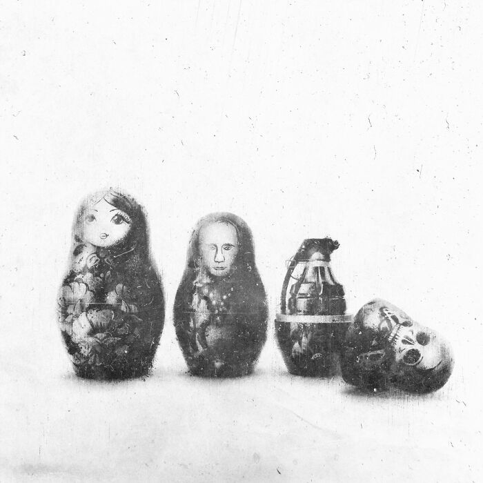 Matryoshka dolls transitioning into a g*****e, symbolizing artwork madness of our times.