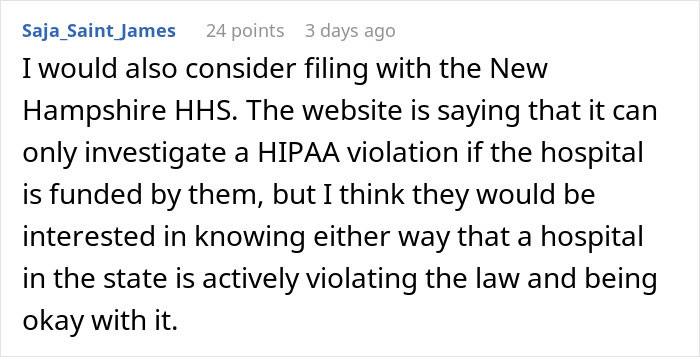 Comment discussing HIPAA violations and filing with New Hampshire HHS.
