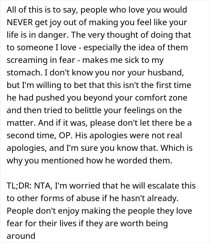 Text excerpt discussing emotional impact and concerns about a husband&rsquo;s prank involving dangling over parking garage edge.