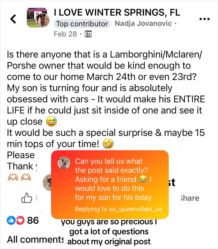 Mom asks local sports car lovers to surprise son for birthday on Facebook.
