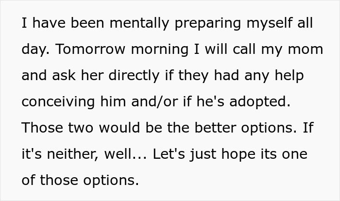 Text discussing preparations for a conversation about family DNA results, contemplating adoption or assisted conception.