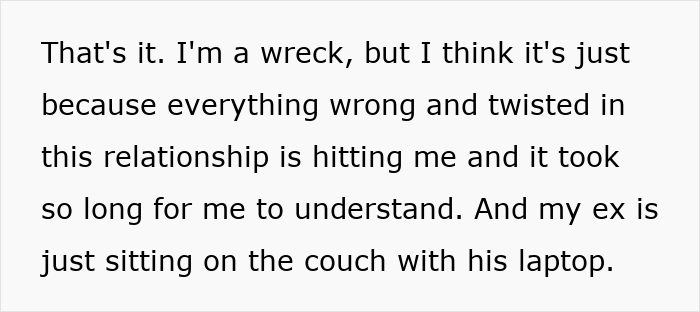 Text highlighting an upset ex-girlfriend reflecting on her past relationship and marriage issues. Text highlighting an upset ex-girlfriend reflecting on her past relationship and marriage issues.