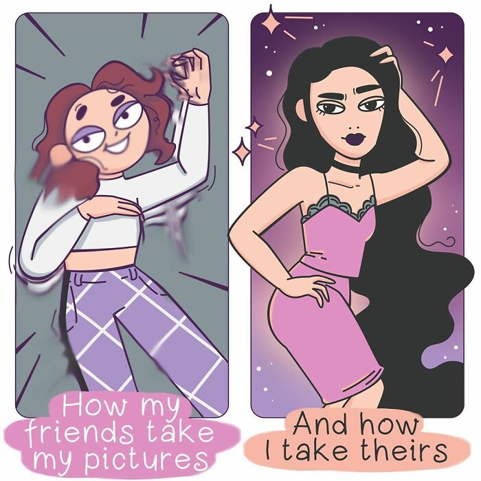 Comic by Bored Panda artist depicts a friend's awkward photo vs. a glamorous one they take.