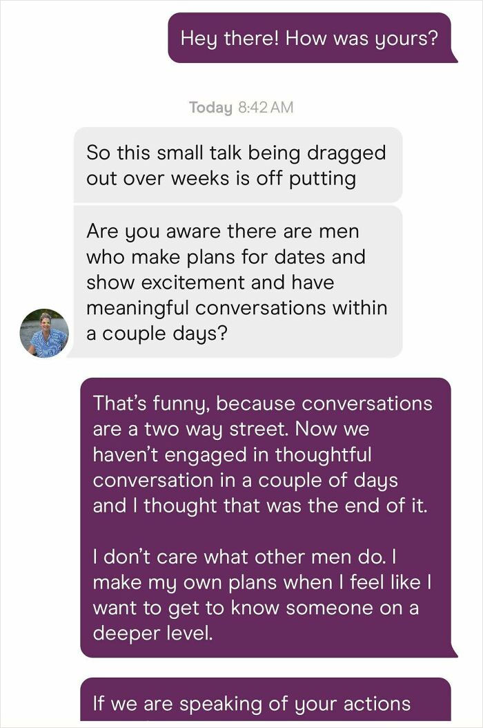 Chat conversation on expectations and reality check in dating scenarios.
