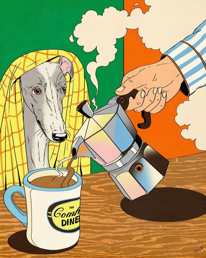 Illustration by María Jesús Contreras of a dog watching coffee being poured into a mug from a stovetop espresso maker.