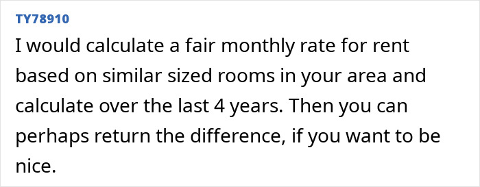 Comment discussing fair rent calculation for similar rooms over four years, related to demanding over $25,000 after breakup.