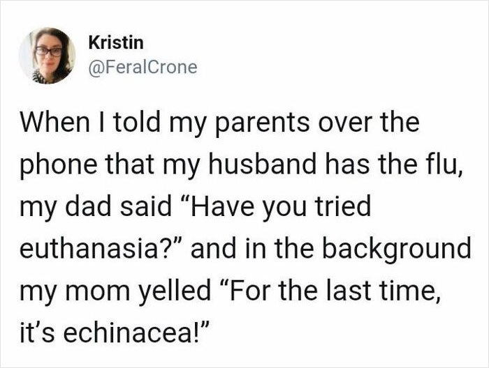 Parenting meme about flu conversation, featuring dad's funny response and mom's correction on echinacea.