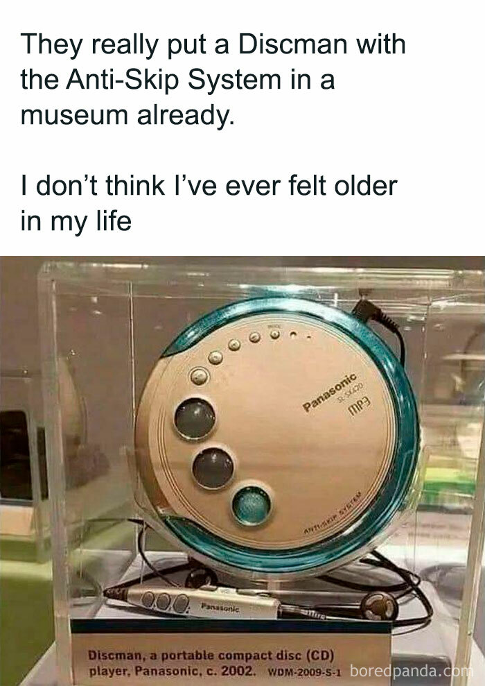 Museum display of a 2002 Panasonic Discman, making viewers feel old without even trying.