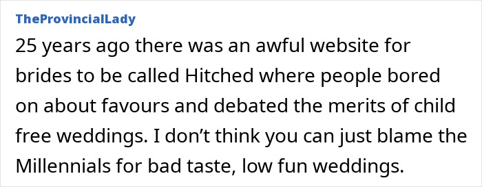 Text post from TheProvincialLady discussing weddings, millennials, and opinions on the joy of weddings across generations.