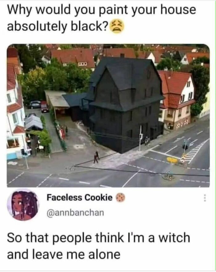 Meme showing a house painted black with a caption about people thinking the owner is a witch, funny meme.