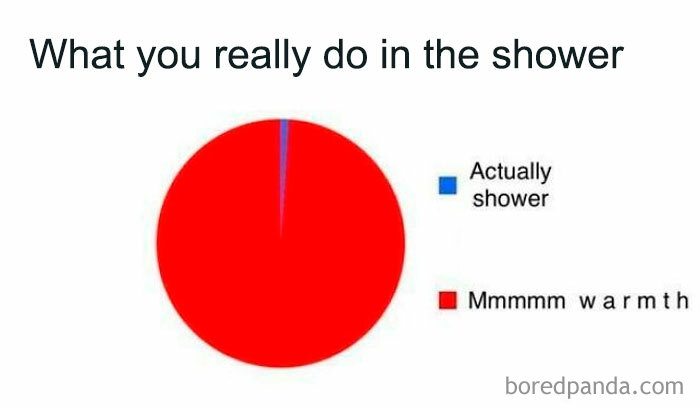 Pie chart meme showing small blue section labeled "Actually shower," and large red section labeled "Mmmmm warmth."