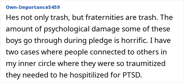 Text screenshot discussing the psychological impact of fraternity pledging.