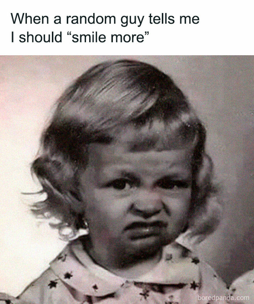 Vintage photo of a girl with a funny face reacting to the phrase "smile more," capturing a relatable meme moment.