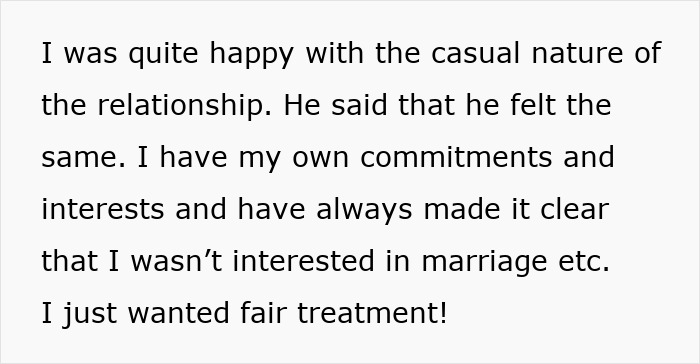 Text on screen about casual relationship and desire for fair treatment, illustrating GF sick of paying for BF splurging on female colleagues.