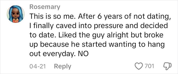 Comment from Rosemary about her experience dating after 6 years, reflecting on challenges of dating perpetually single women.