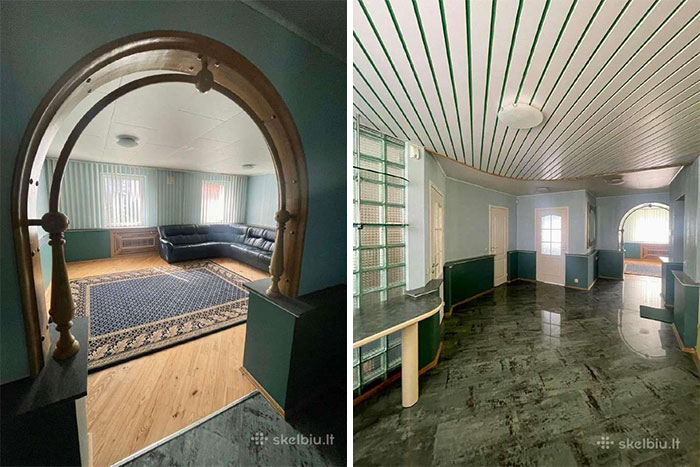 Interior views of unusual real estate properties featuring unique archways, mixed flooring, and vintage decor for sale.